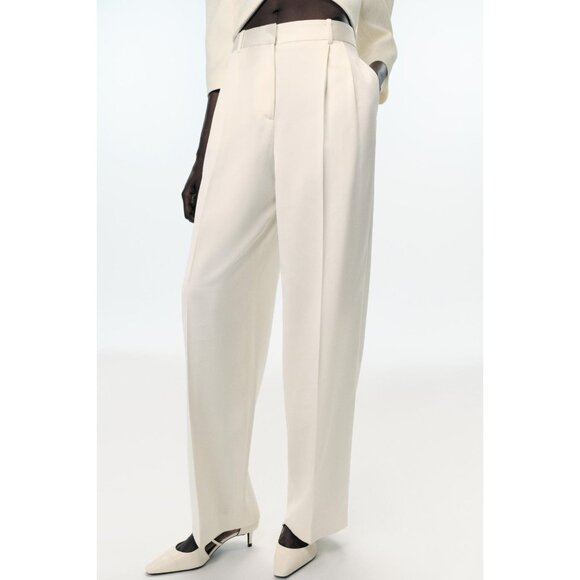 Zara Pants - Zara Womens Pants S Ivory Pleated Straight Leg Trousers High Waist 9072/580 NWT